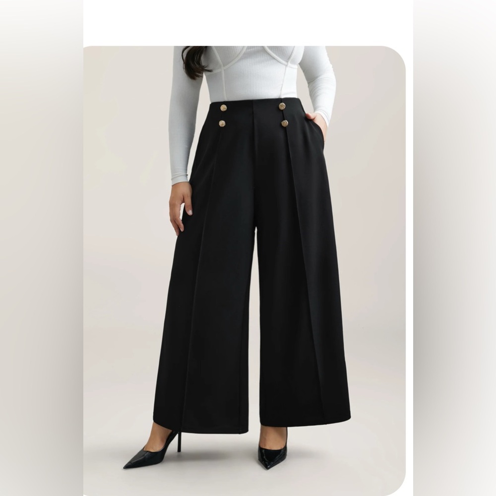 BloomChic Black Wide-Leg Trousers with Gold Buttons